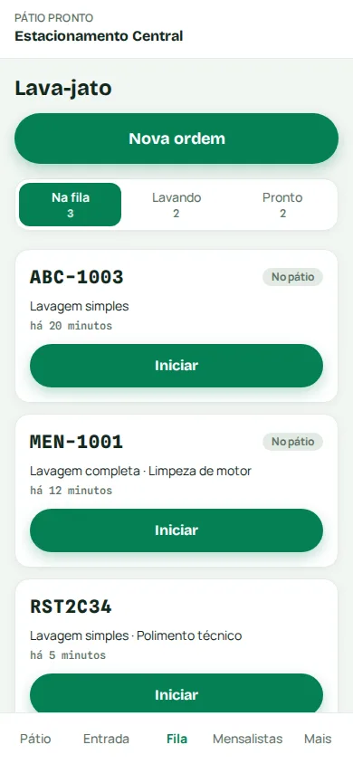Tela da fila do lava-jato, com as ordens na fila e o botão de iniciar