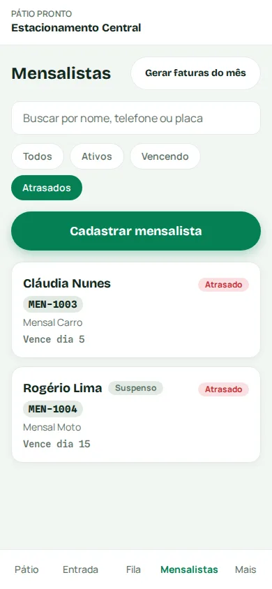 Tela de mensalistas filtrada pelos atrasados