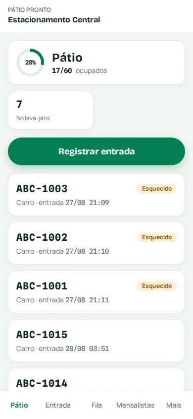 Tela do pátio no celular, com a ocupação e a lista de carros dentro